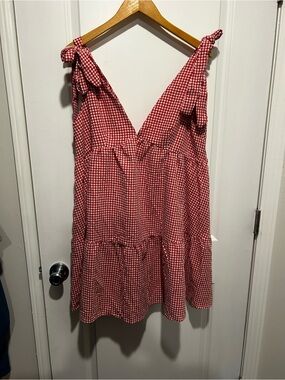 Red V-Neck Gingham Dress Sz L